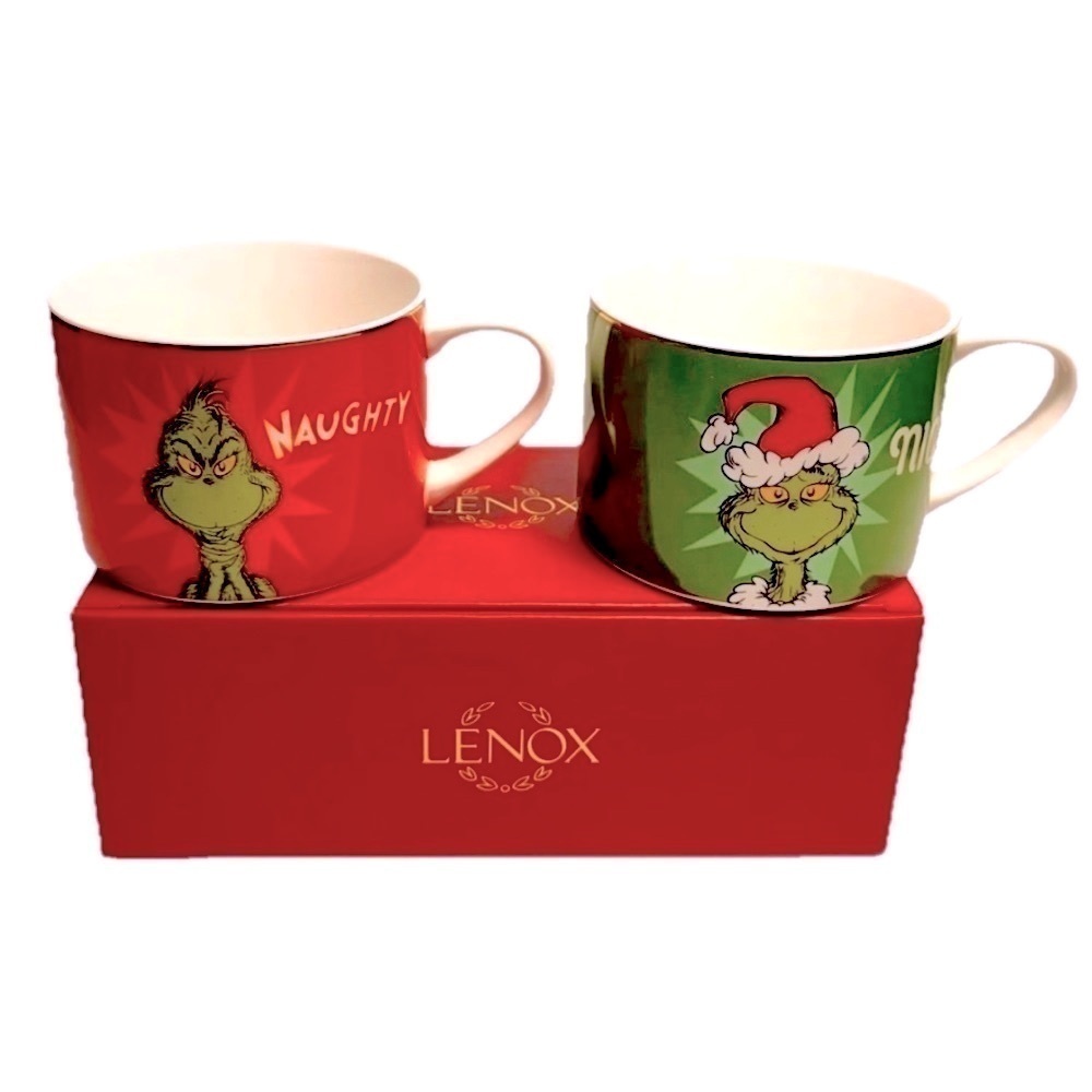 LENOX Merry Grinchmas Dr. Seuss GRINCH Mugs Set of 2~Naughty & Nice 14 oz NEW